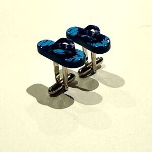 Flip Flop Sandals Cufflinks Blue Camo Pattern Silver Tone Mens Jewelry